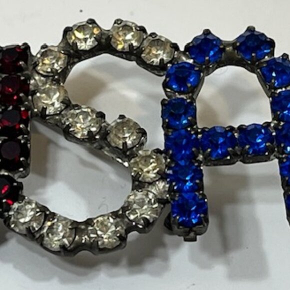 VTG USA Patriotic Brooch Red Clear Blue Prong Set Rhinestones Hat Vest Pin 2"x1" - Picture 5 of 11